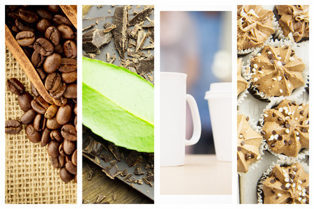 Wooden shovel with coffee beans against chocolateの写真素材