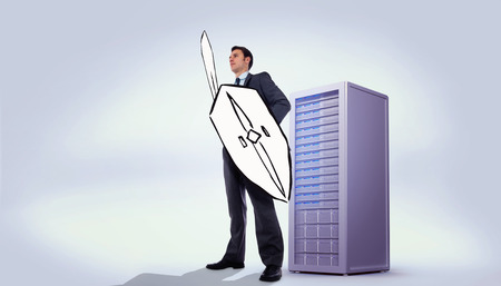 Corporate warrior against digitally generated grey server tower