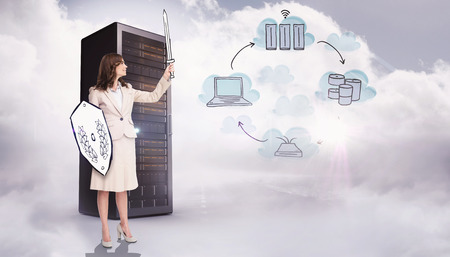 Corporate warrior against composite image of cloud computing doodle