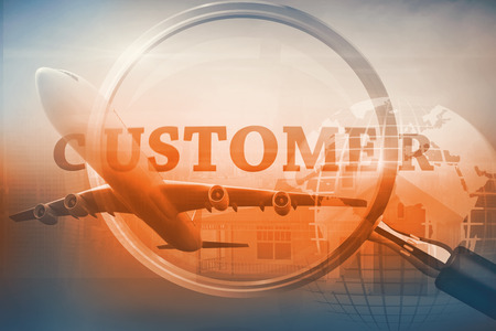 Graphic airplane against magnifying glass showing customer wordの写真素材