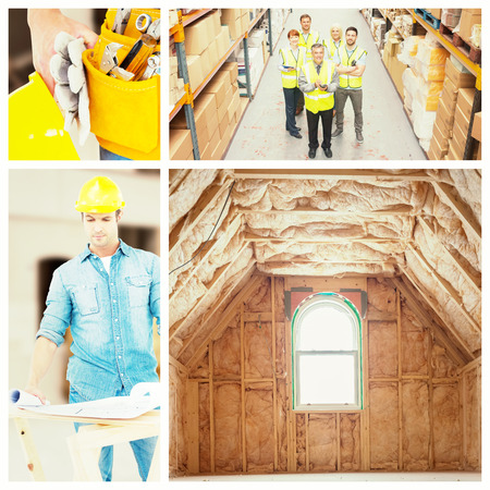 Architect analyzing blueprint at table against room in house construction siteの写真素材