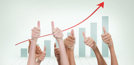 Thumbs raised and hands up  against blue bar chart with red arrow