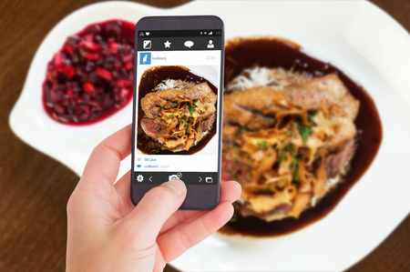 Female hand holding a smartphone against delicious duck breast dish with gravy and riceの写真素材