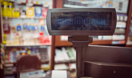 Close up view of cash register at supermarketの写真素材