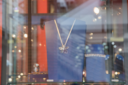 Necklace behind glass in a store