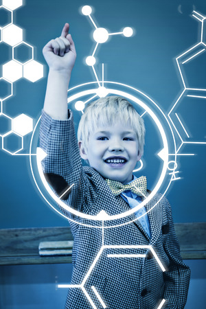 Science graphic against cute pupil dressed up as teacher in classroomの写真素材