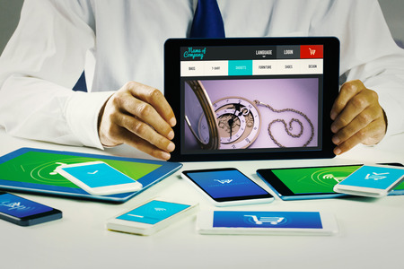 Businessman showing tablet pc  against payment successful screen