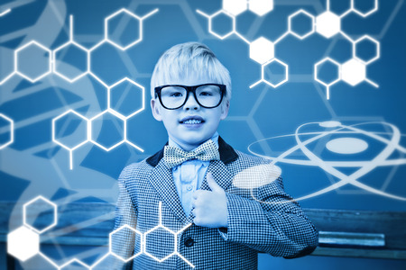 Science graphic against cute pupil dressed up as teacher in classroomの写真素材