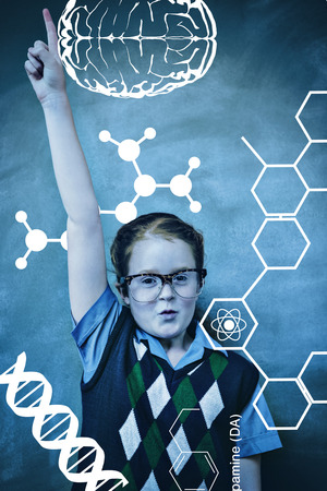 Science graphic against portrait of cute little girl gesturing pointing upwardsの写真素材