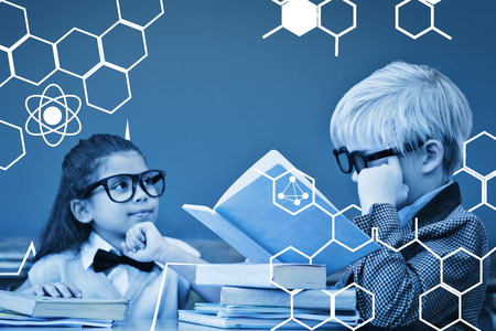 Science graphic against cute pupils dressed up as teachers in classroom