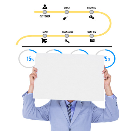 Portrait of a businessman hiding his face behind a blank panel against order process chainの写真素材