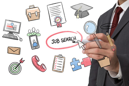 Classy businessman holding a marker against job search doodleの写真素材