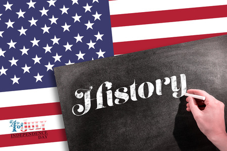 Independence day graphic against man drawing on chalkboard