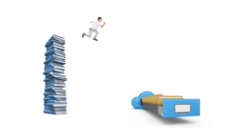 Geeky happy businessman running mid air against stack of booksの写真素材