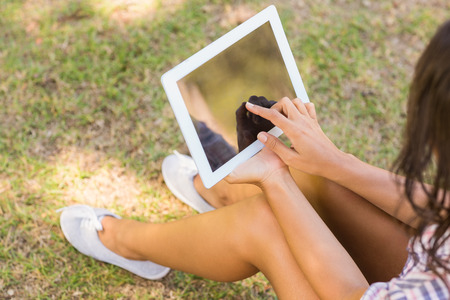 Pretty brunette sitting in the grass and using tablet on a sunny dayの写真素材