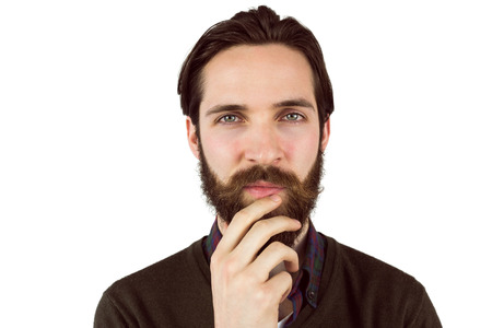 Hipster thinking with hand on chin on white background