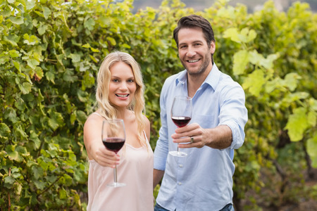 Young happy couple offering wine in the grape fields