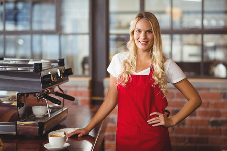 Portrait of a pretty barista with hands on hips at the coffee shopの写真素材
