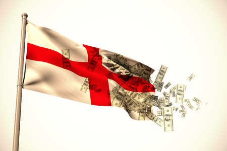 Falling dollars against white background with vignetteの写真素材