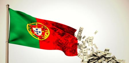 Falling dollars against white background with vignetteの写真素材