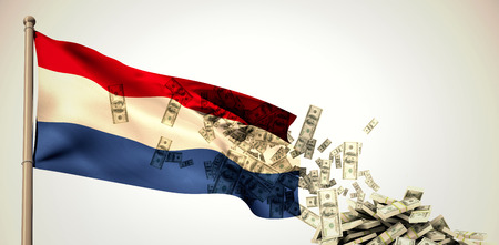 Falling dollars against white background with vignetteの写真素材