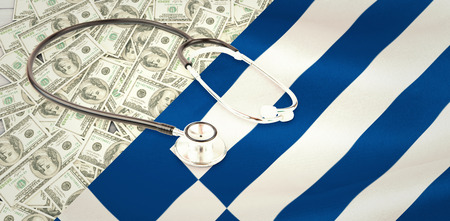 stethoscope against digitally generated greek national flagの写真素材
