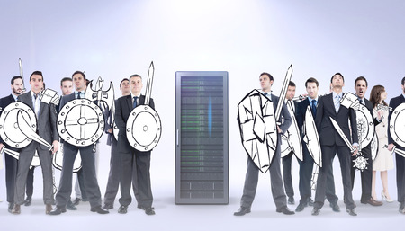 Corporate army against grey background