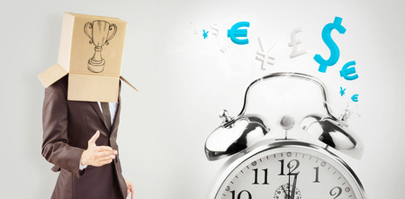 Anonymous businessman offering his hand against time is money in blueの写真素材