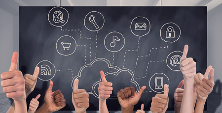 Hands showing thumbs up against composite image of black card