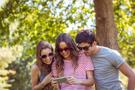 friends looking photos in a park on a summer dayの写真素材