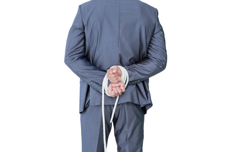 Wear view of businessman with hands attach on white backgroundの写真素材