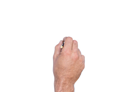 Hand writing with a pen on white backgroundの写真素材