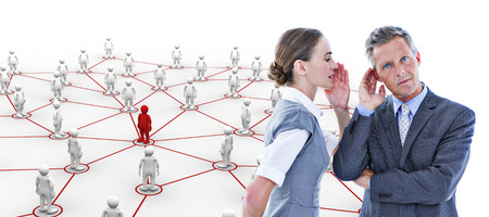 Gossiping business team against human figures with connecting lines