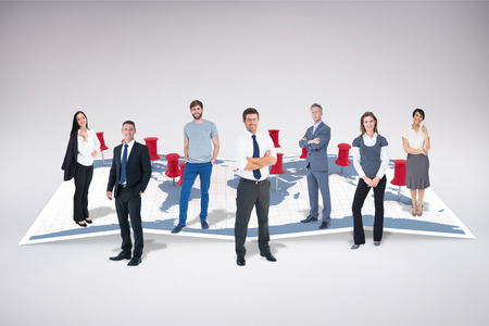 Business team against world map with pointers