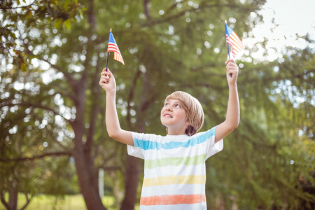 Young boy holding an american flag on a sunny dayの写真素材