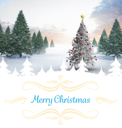 Composite image of christmas card against christmas tree in snowy landscapeの写真素材