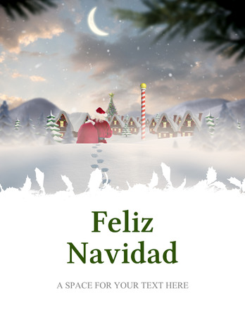 Santa delivery presents to village against feliz navidadの写真素材