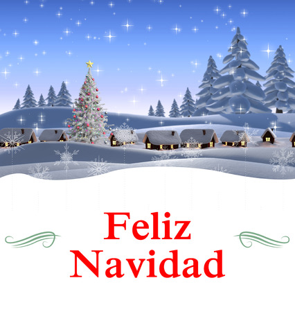 Christmas greeting card against snow covered villageの写真素材