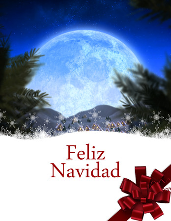 Feliz navidad against christmas village under full moonの写真素材