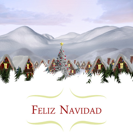 Christmas greeting card against cute village in the snowの写真素材