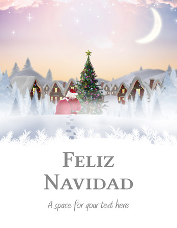 Santa delivery presents to village against feliz navidadの写真素材