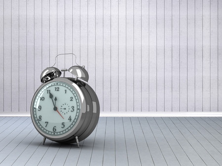 Alarm clock counting down to twelve against grey room