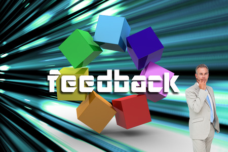 Thinking businessman against abstract turquoise glowing backgroundの写真素材