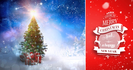 Snow falling against christmas tree with giftsの写真素材