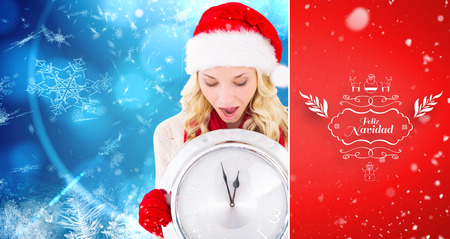 happy festive blonde with clock against red vignette