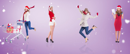 Composite image of different festive blondes against purple vignetteの写真素材