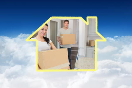 Man and woman relocating against bright blue sky over clouds