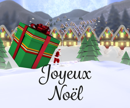 Santa delivering large gift against quaint town with bright moonの写真素材