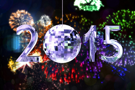2015 against colourful fireworks exploding on black background
