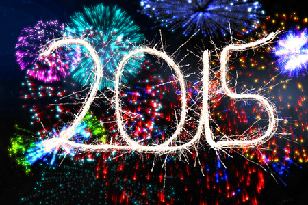 Sparky 2015 against colourful fireworks exploding on black backgroundの写真素材